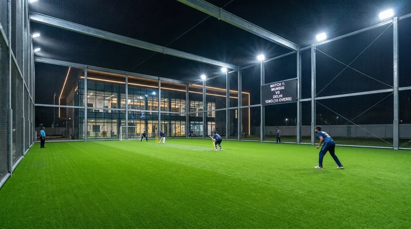Cricket players on a floodlit turf at night